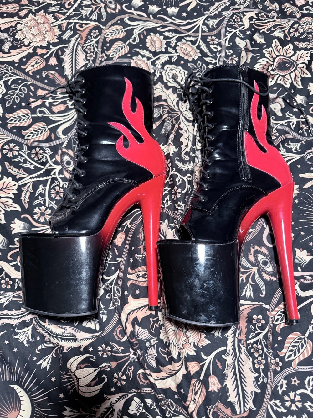 Vixen-02 Black & Red Flame Platform Lace-Up Heels by Golden Bulls